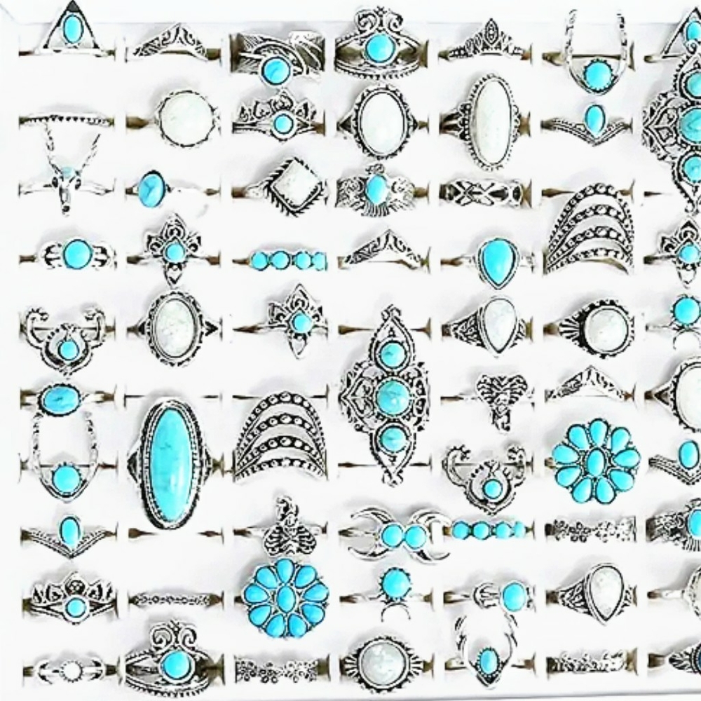 Silvertone Turquoise Opal Faux Lot of 40 Rings Boho Flower Fashion Ring GIFT New - Picture 4 of 15